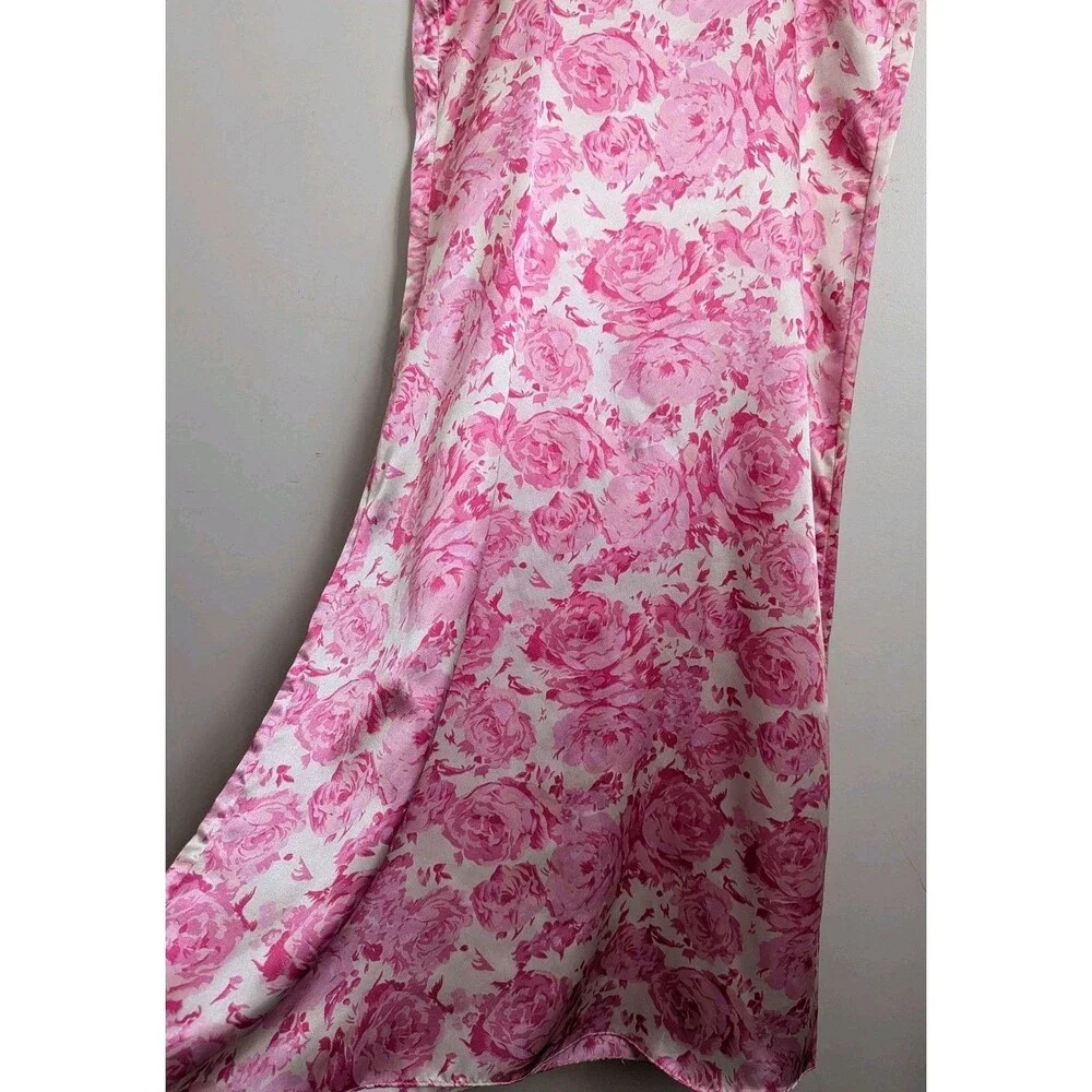 Strappy Silky Satin Slip Nightgown Dress M L Pink Rose Floral Bows L 90s Y2K